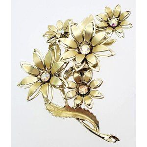 Signed Coro Brooch Pin Gold Tone Daisy Flowers Rhinestone 70s Retro
